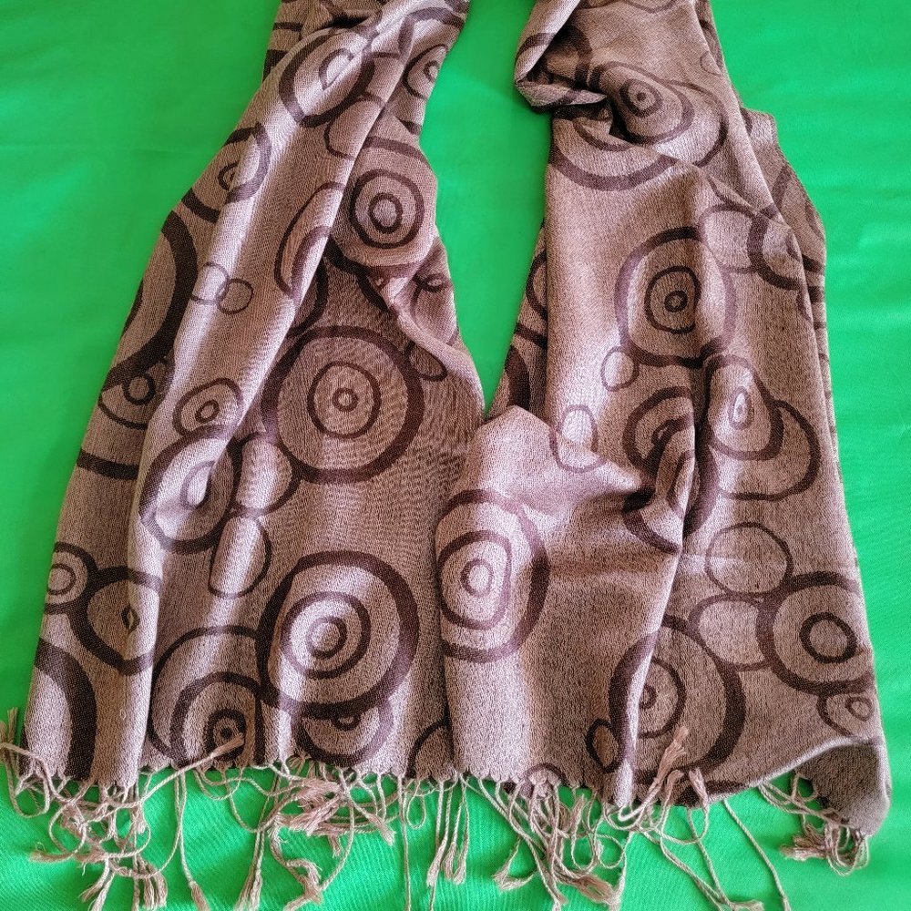 Pashmina and Silk Blend Women's Scarf, Brown Circular Print, Size 27x72